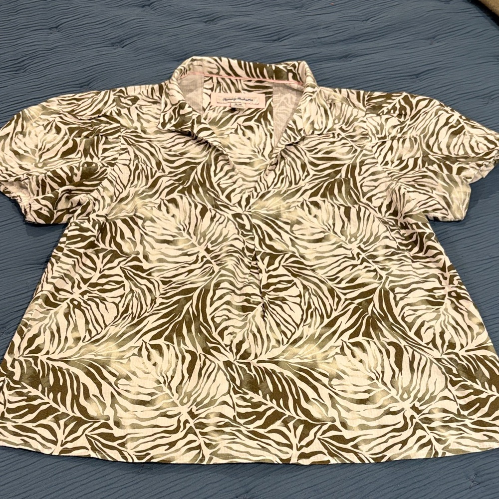 Tommy Bahama Olive and Cream Leaf Print Shirt